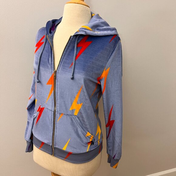 Aviator Nation Slate Blue Velour Lighting Bolt Full Zip Hoodie Sz S - Picture 2 of 10